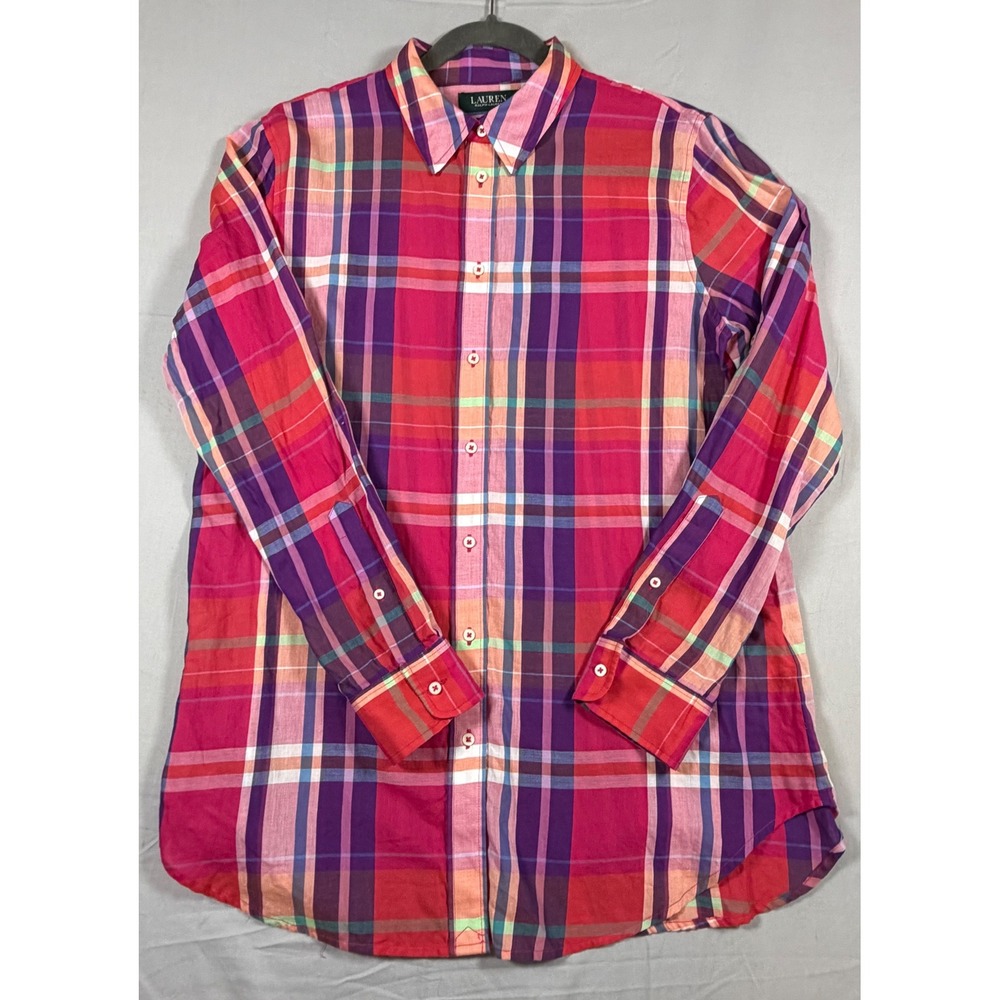 Lauren Ralph Lauren Plaid Button Down Shirt Women's Large Pink Purple Roll Tab